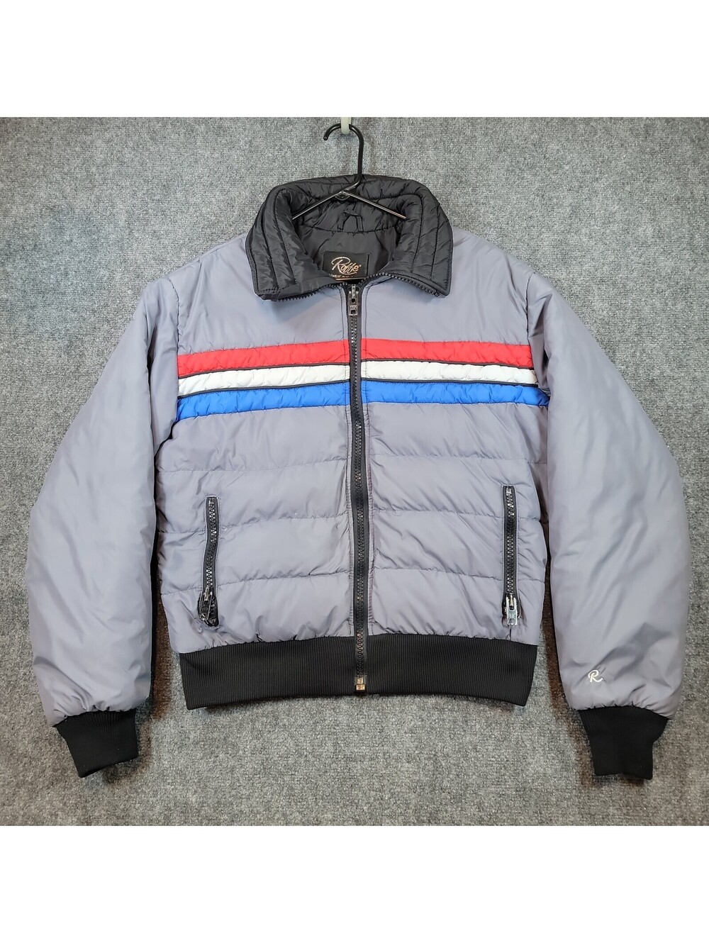 Vtg 70s Roffe Skiwear Puffer Jacket Mens Large Gray Rainbow Stripe USA Made 514